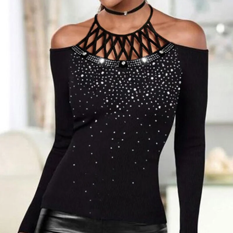 Amy Fashion - Plus Size Halter Sequins Off The Shoulder Long Sleeve T-shirt