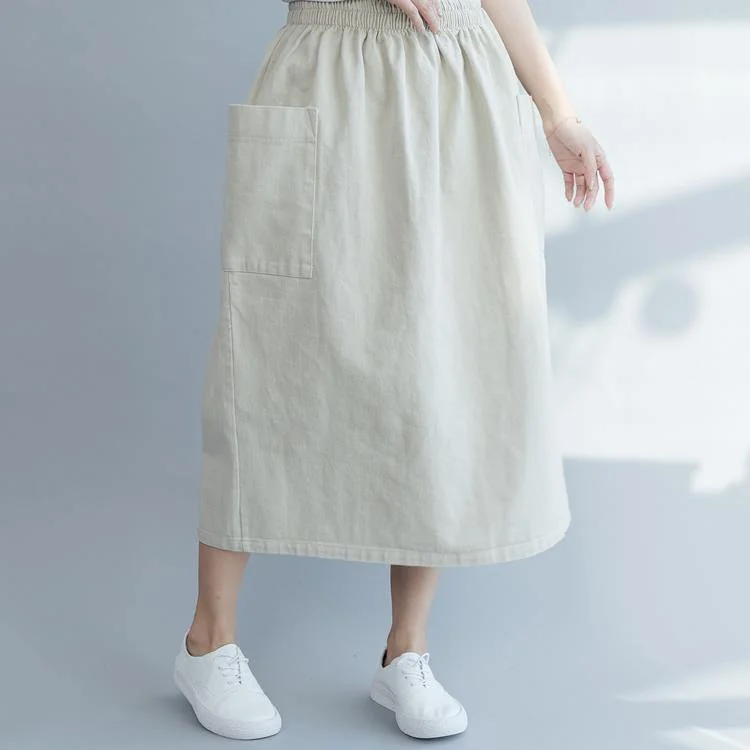 100% beige cotton clothes Women Organic pattern elastic waist pockets spring skirt