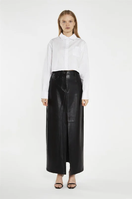 Black PU Centre-Split Midi-Skirt