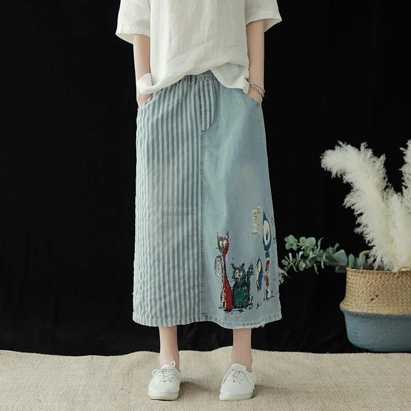 Cotton denim skirt female summer new elastic waist loose retro skirt