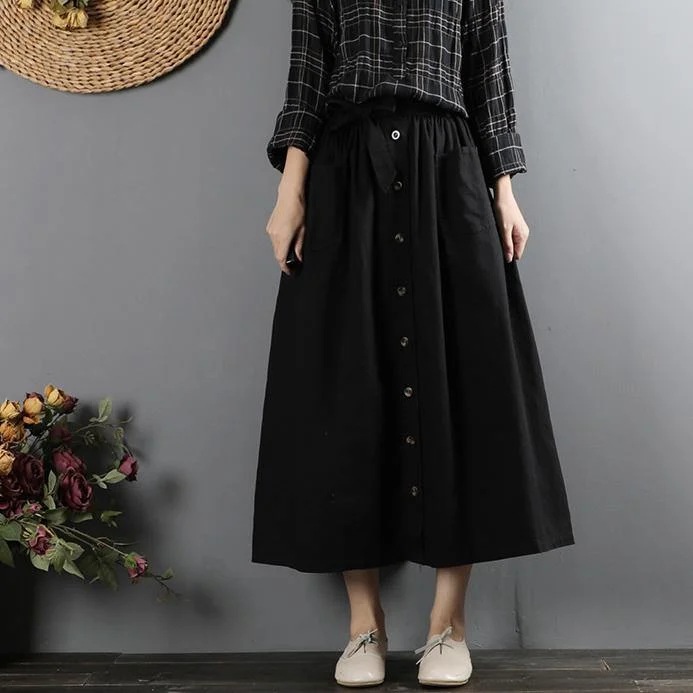 French elastic waist cotton tie waist skirts Inspiration black loose skirts