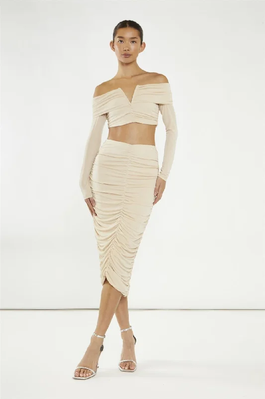 Nude Ruched Midi-Skirt