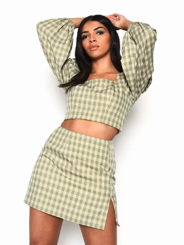 Turquoise Multi Check Side Split Mini Skirt