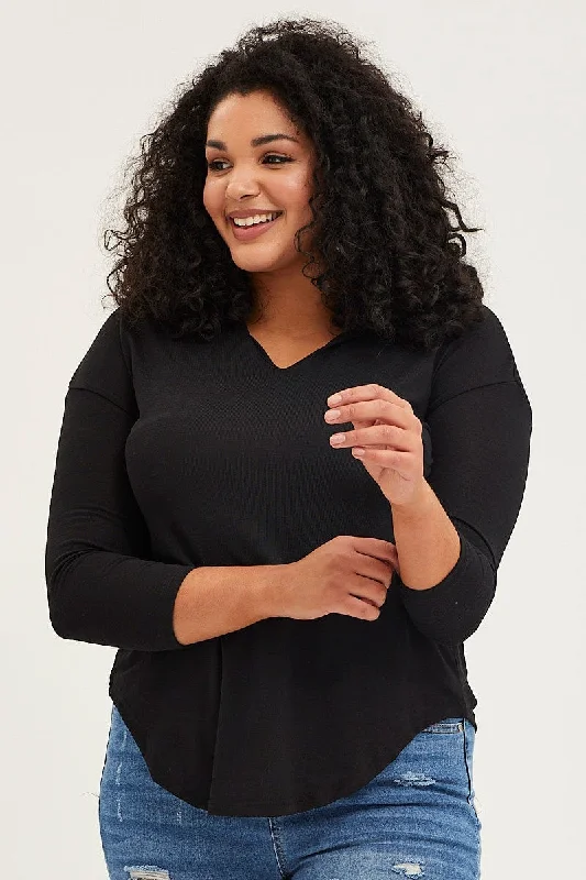 Black Long Sleeve Curve Hem Hoodie Top