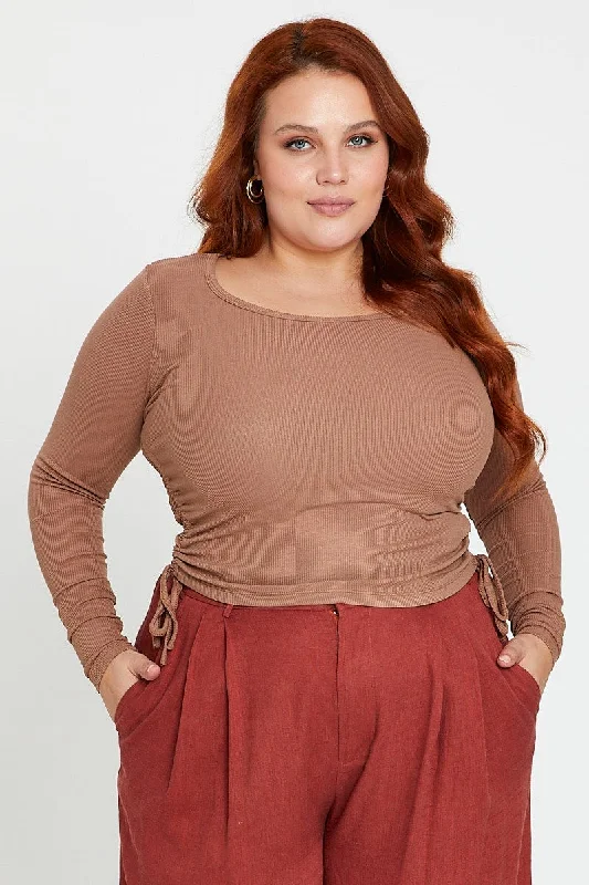 Brown Drawstring Top Round Neck Long Sleeve Jersey