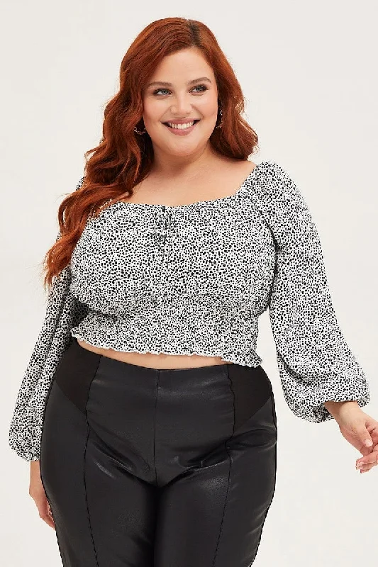 Geo Print Crop Top Long Sleeve Shirred