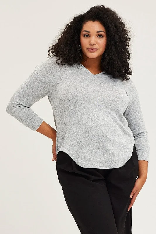 Grey Long Sleeve Curve Hem Hoodie Top