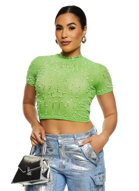 Mesh Rhinestone Faux Pearl Studded Crop Top