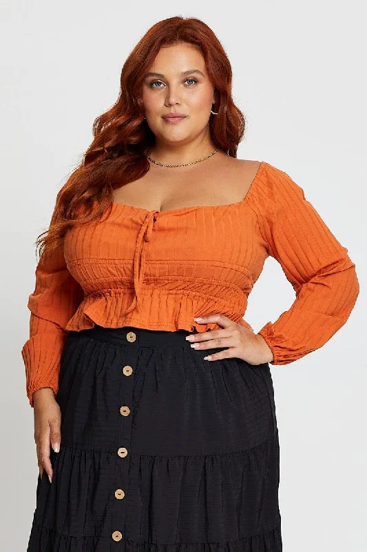 Orange Ruched Top Tie Front Square Neck Long Sleeve Rib