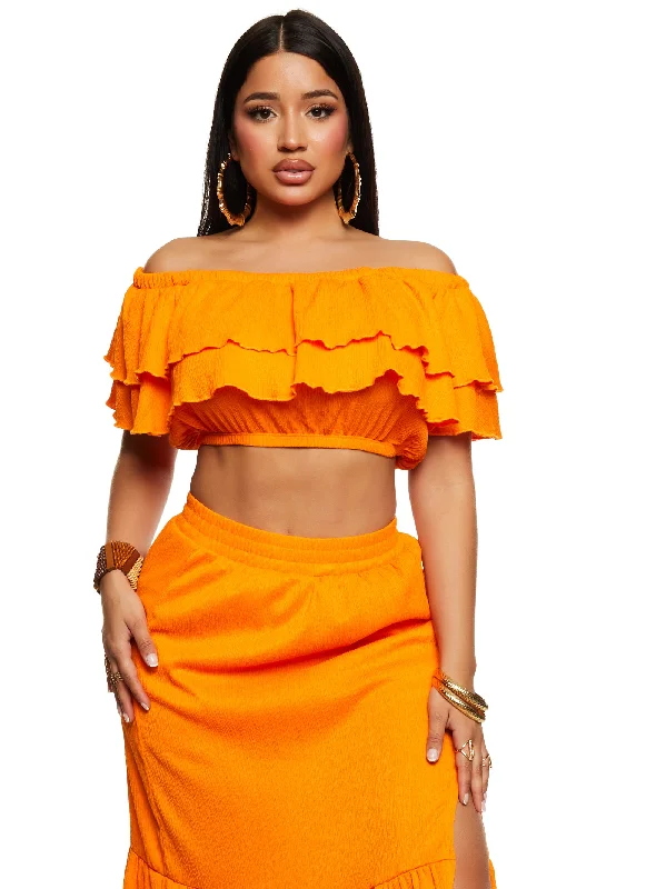 Tiered Ruffled Off the Shoulder Crop Top