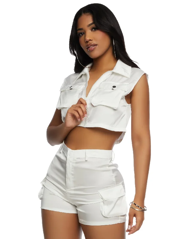 Daisy Satin Zip Front Crop Top