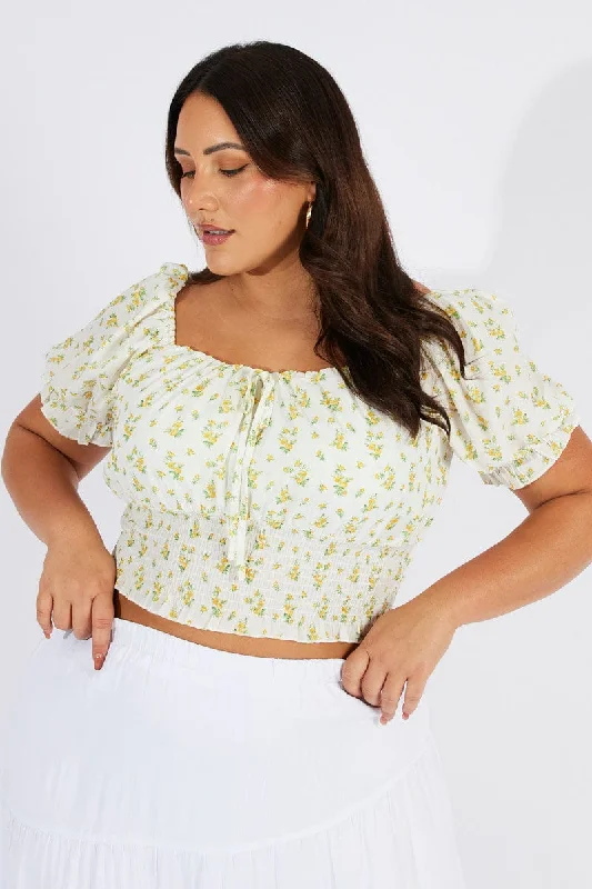 White Ditsy Crop Top Short Sleeve Ruched Bust