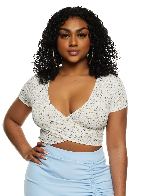 Ribbed Floral Print Twist Front Crop Top