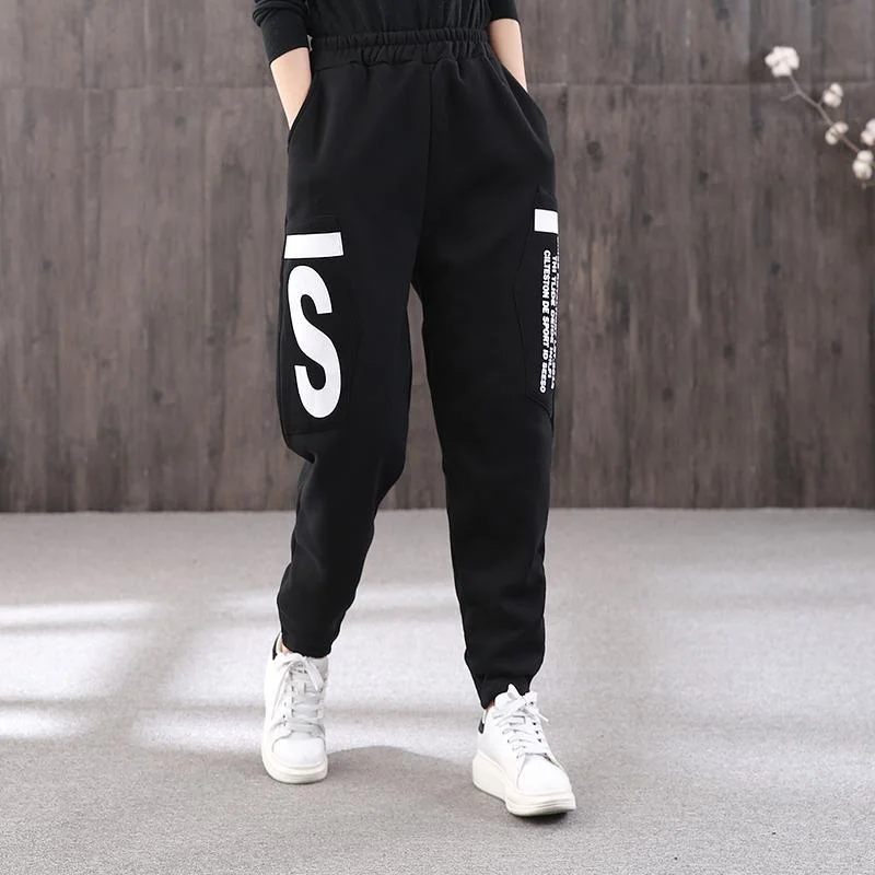 Winter letter printing plus velvet casual pants female elastic waist loose wild trousers sports pants