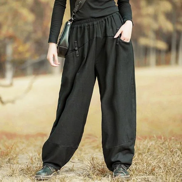 Women Black Chinese Style Wide Leg Pants Button Pockets Thick Warm Elastic Waist Trouser