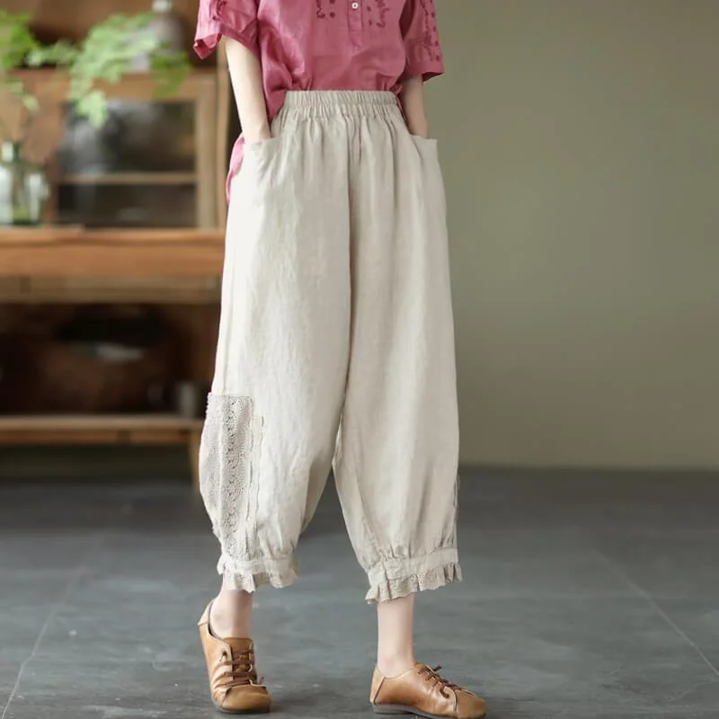 Women Casual Lace Decoration Pocket Linen Pants