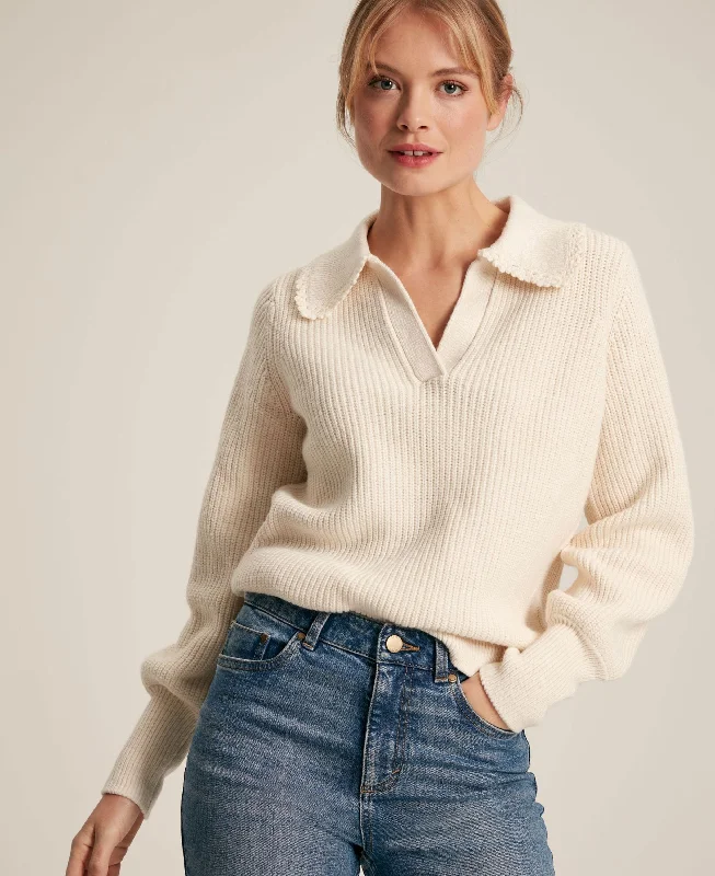 Evangeline Ribbed Jumper with Crochet Collar - Creme