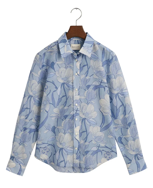 Regular Fit Magnolia Print Cotton Silk Shirt - Dove Blue