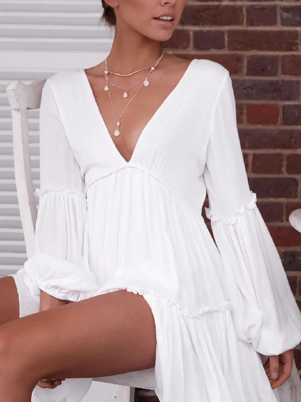 Cozy Plunging Neck Ruffled Mini Dress