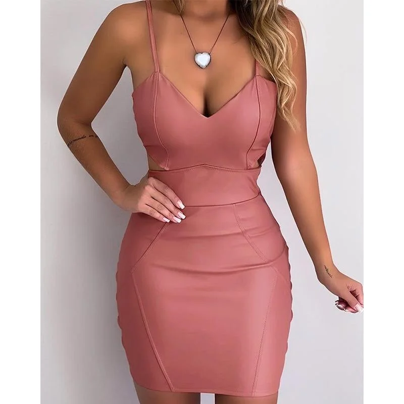 FashionSierra - Spaghetti strap pu leather dress Women Cutout bodycon party dress Sexy slim fit mini club wear Summer color pink vestidos