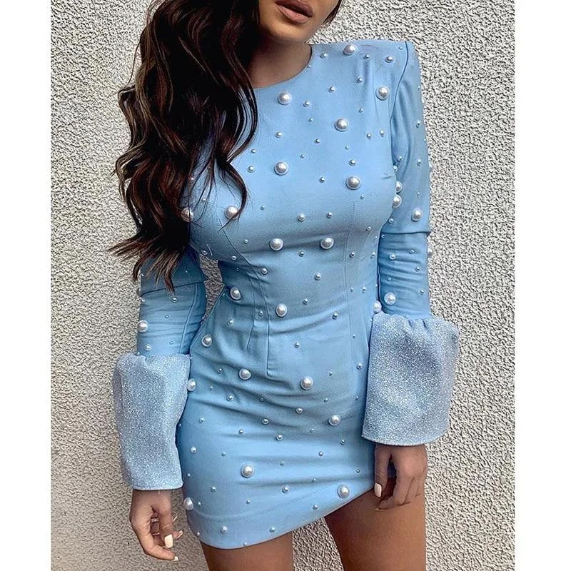 FashionSierra - Women Pearls Beading Dress Long Sleeve O Neck Blue Mini Party Dresses Winter Beaded Bell Cuff Bodycon Dresses Vestidos