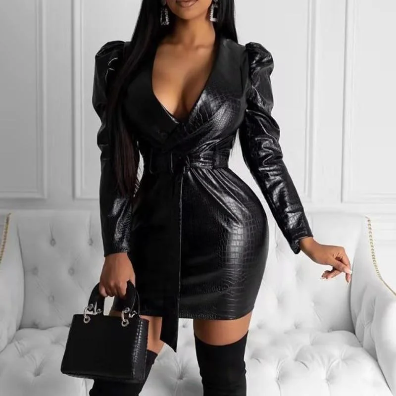 FashionSierra - Women Pu Leather Dress with Belt Puff Sleeve Turn Down Collar Leather Dress Sashes Long Sleeve Black Pu Dresses Mini Vestidos